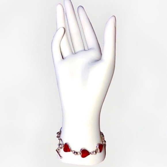 MEXICAN Sterling Silver Red Jasper Heart Toggle Bracelet - Picture 5 of 12